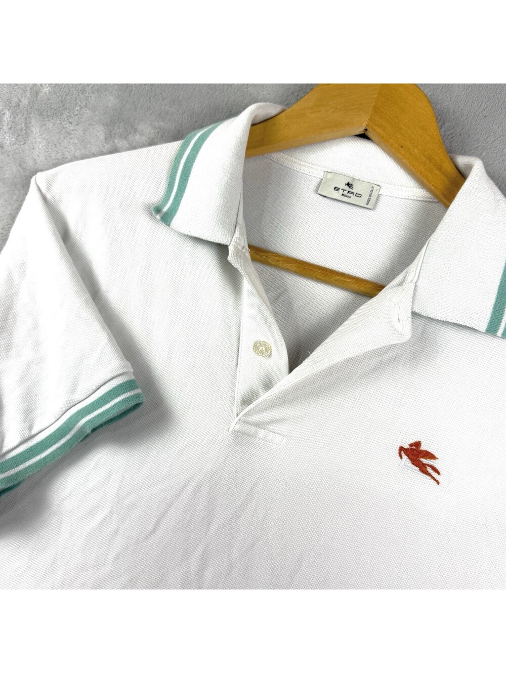 Etro Milano White Polo Shirt Italy Made Embroidered Pegasus Logo Size XL Luxury